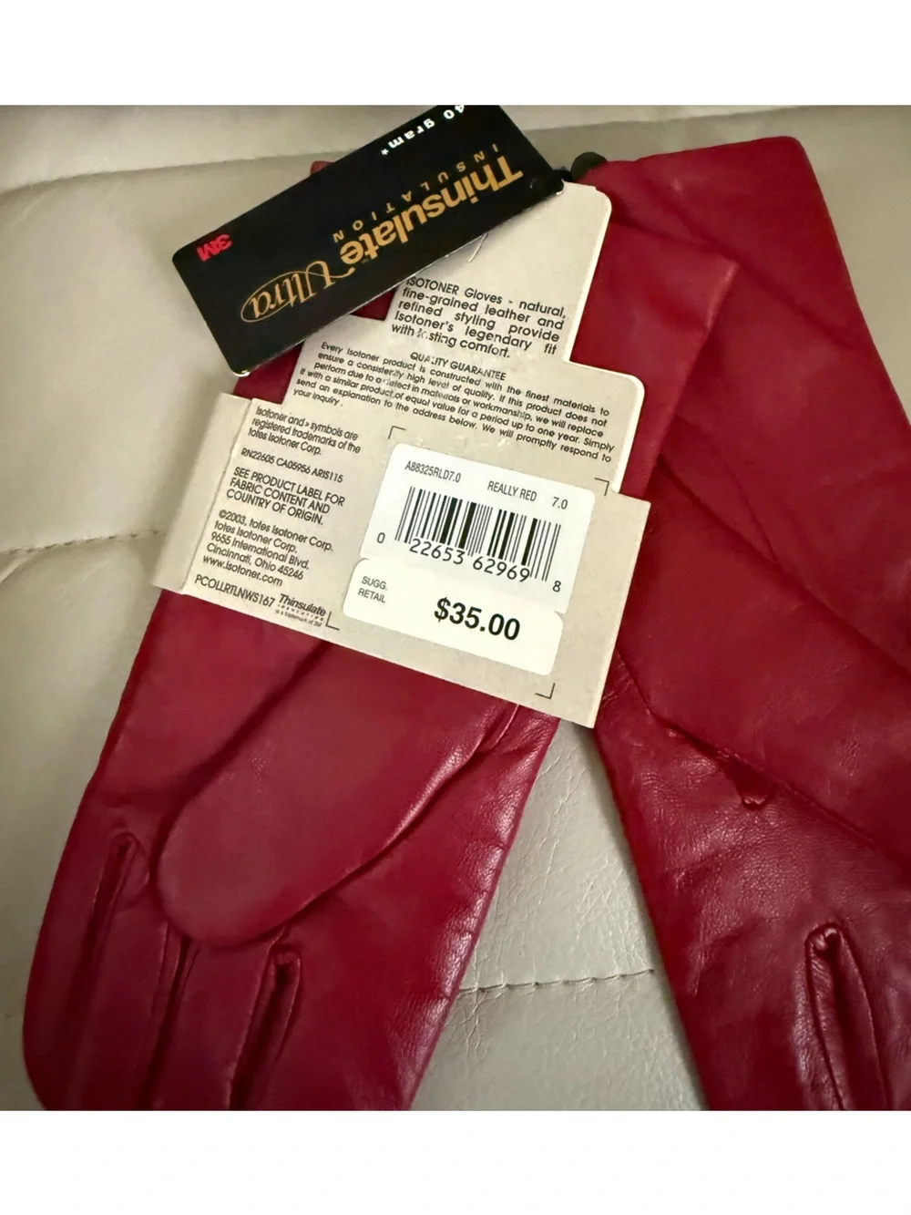 isotoner Women's Red Leather Gloves - Thinsulate Lined